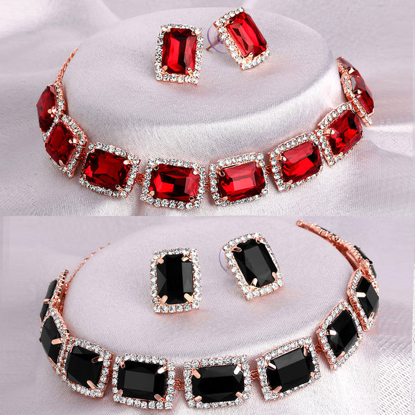 Shrishti Fashion Fabulous Squire Red And Black Rose Gold Plated Set Of 2 Collar Necklace Set Combo For Women