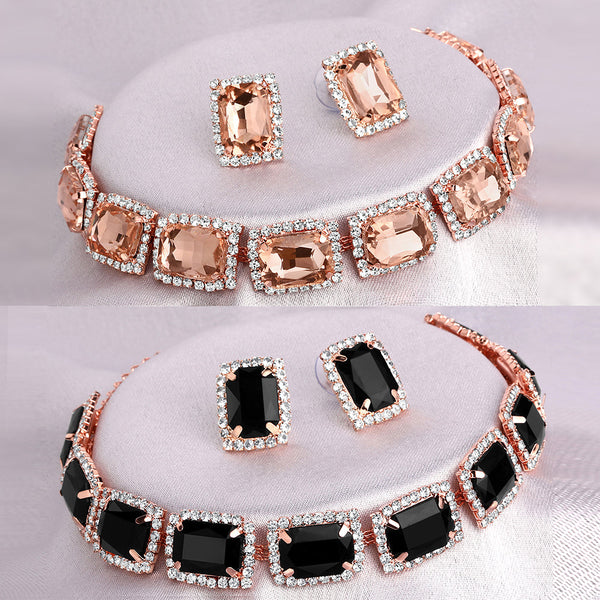 Shrishti Fashion Glimmery Squire Peach And Black Rose Gold Plated Set Of 2 Collar Necklace Set Combo For Women