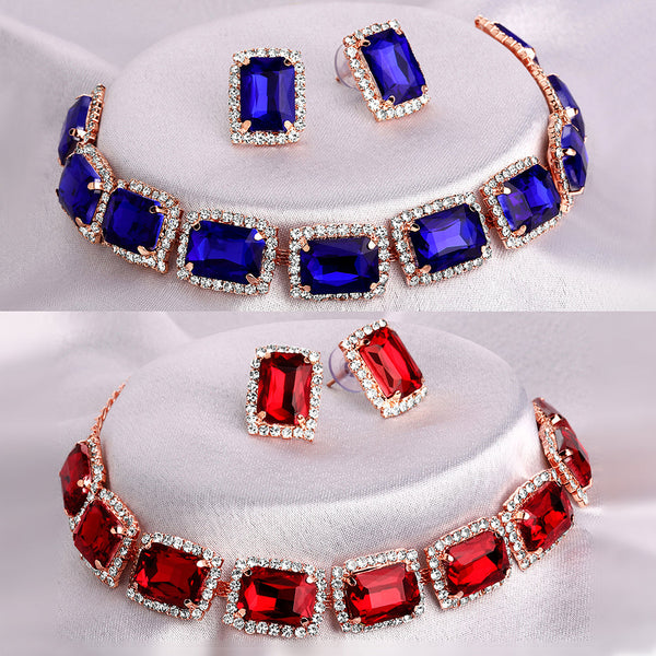 Shrishti Fashion Gorgeous Squire Blue And Red Rose Gold Plated Set Of 2 Collar Necklace Set Combo For Women