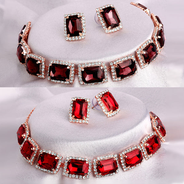 Shrishti Fashion Graceful Squire Maroon And Red Rose Gold Plated Set Of 2 Collar Necklace Set Combo For Women