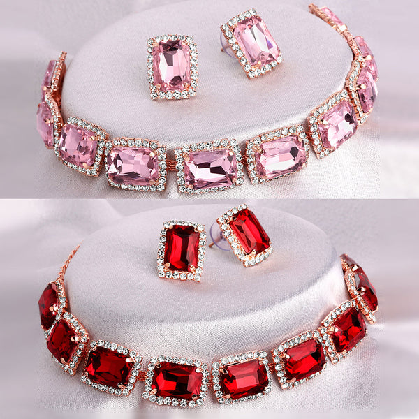 Shrishti Fashion Incredible Squire Pink And Red Rose Gold Plated Set Of 2 Collar Necklace Set Combo For Women