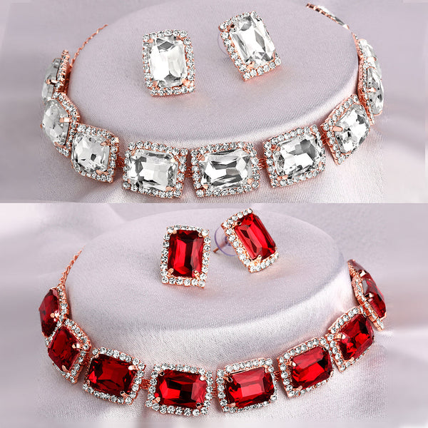 Shrishti Fashion Lavish Squire White And Red Rose Gold Plated Set Of 2 Collar Necklace Set Combo For Women