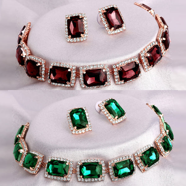 Shrishti Fashion Luxurious Squire Maroon And Green Rose Gold Plated Set Of 2 Collar Necklace Set Combo For Women