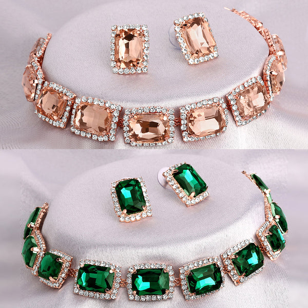 Shrishti Fashion Modern Squire Peach And Green Rose Gold Plated Set Of 2 Collar Necklace Set Combo For Women