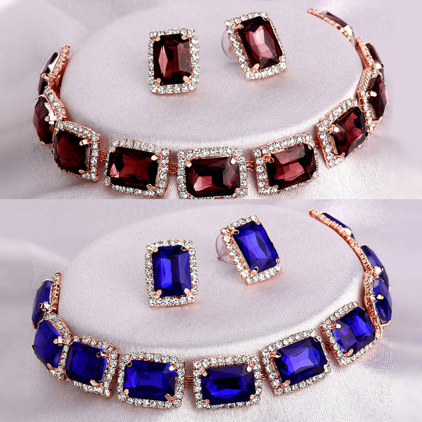 Shrishti Fashion Pleasant Squire Maroon And Blue Rose Gold Plated Set Of 2 Collar Necklace Set Combo For Women