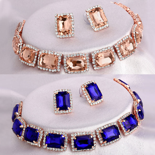 Shrishti Fashion Pretty Squire Peach And Blue Rose Gold Plated Set Of 2 Collar Necklace Set Combo For Women