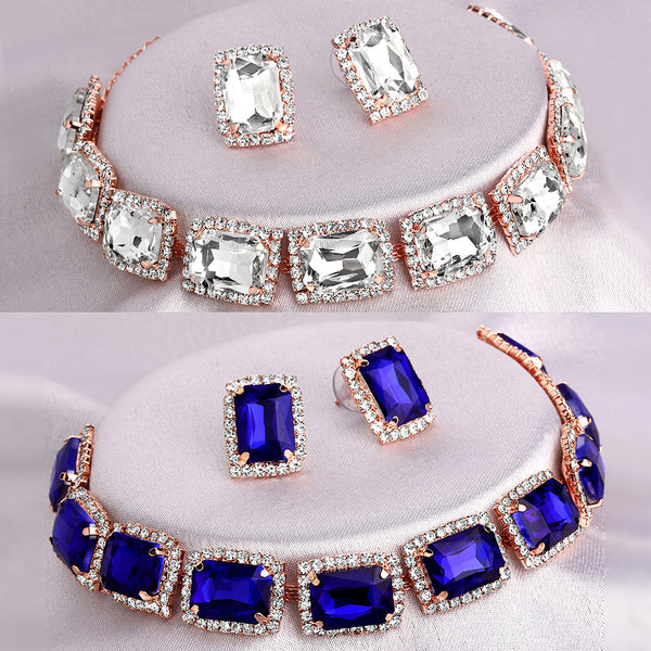 Shrishti Fashion Royal Squire White And Blue Rose Gold Plated Set Of 2 Collar Necklace Set Combo For Women