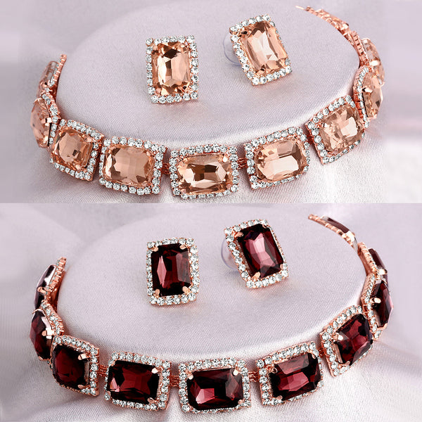 Shrishti Fashion Splendid Squire Peach And Maroon Rose Gold Plated Set Of 2 Collar Necklace Set Combo For Women