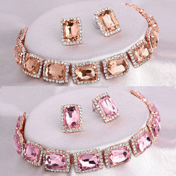 Shrishti Fashion Surprise Squire Peach And Pink Rose Gold Plated Set Of 2 Collar Necklace Set Combo For Women