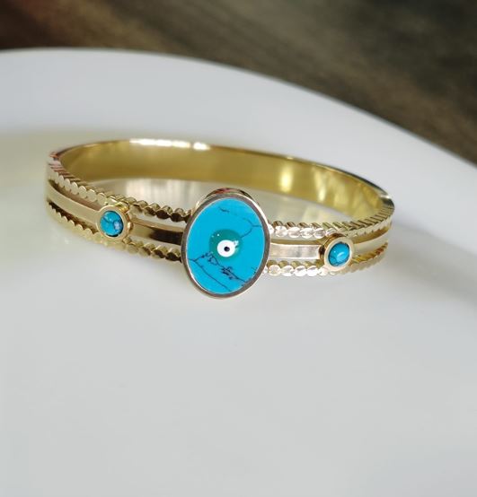 Tarohi Jewels Stainless Steel Gold Plated Turquoise Evil Eye Kada- STKD 4834