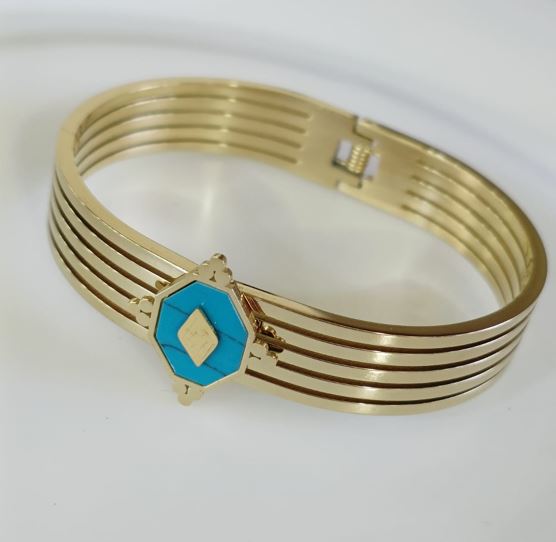 Tarohi Jewels Stainless Steel Gold Plated Turquoise Geometric Shaped Kada - STKD 4857