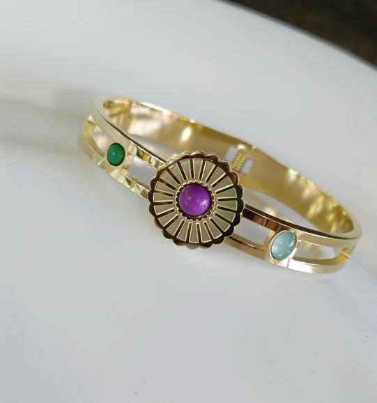 Tarohi Jewels Stainless Steel Gold Plated Floral Shaped Pink Coloured Gemstone Kada - STKD 4866