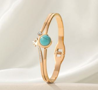 Tarohi Jewels Stainless Steel Gold/Rosegold Plated Dual Linear Turquoise Kada - STKD 4877