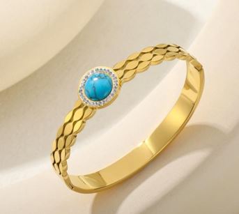 Tarohi Jewels Stainless Steel Gold Plated Turquoise Bead Kada- STKD 4895