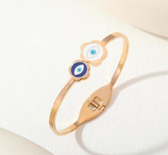 Tarohi Jewels Stainless Steel Gold/Rosegold Plated Two Flower Evil Eye Enamel Kada- STKD 4897