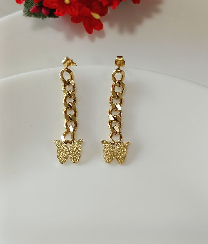 Tarohi JewelsStainless Steel Gold Plated Chain Butterfly Earring-STNER 2558