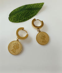 Tarohi JewelsStainless Steel Silver/Gold Plated Queen Elizabeth Portrait Coin Drop Earring-STNER 2569