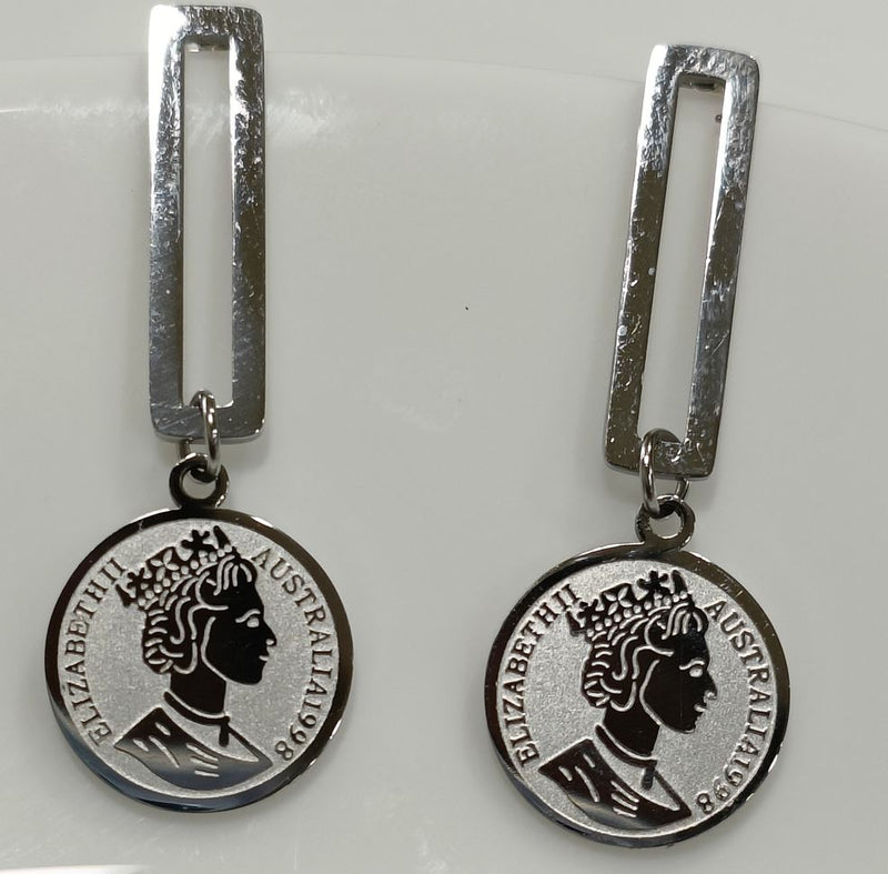 Tarohi JewelsStainless Steel Gold/Rosegold/Silver Plated Hanging Queen Elizabeth Portrait Coin Drop Earring- STNER 2583