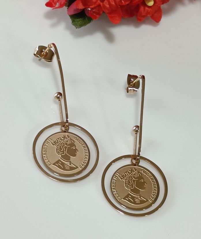 Tarohi Jewels Stainless Steel Gold/Rosegold Plated Queen Elizabeth Portrait Coin Drop Hanging Earring- STNER 2590