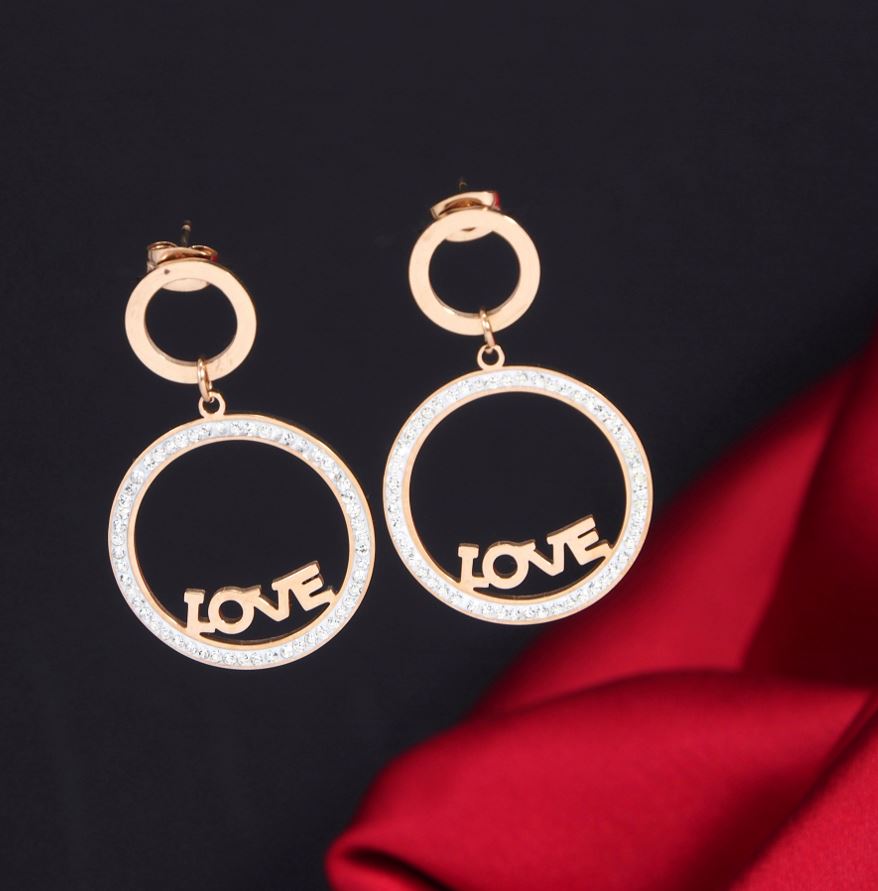 Tarohi Jewels Stainless Steel Rosegold Plated Hoops with 'LOVE' written Earring-STNER 2704