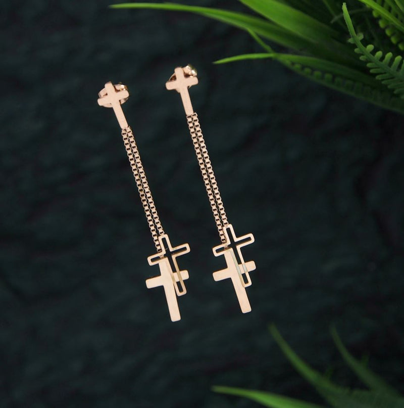 Tarohi Jewels Stainless Steel Rosegold Plated Cross Chain Earring-STNER 2741