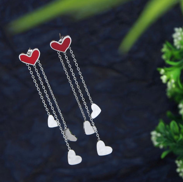 Tarohi Jewels Stainless Steel Silver Plated Heart Shaped Chain Earring- STNER 2742