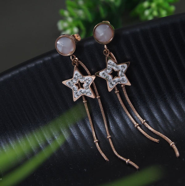 Tarohi Jewels Stainless Steel Rosegold Plated Star Designed Chain Earring-STNER 2826