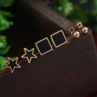 Tarohi Jewels Stainless Steel Rosegold Plated Three Pair Star Square &amp; Round Shaped Stud Earring-STNER 2862