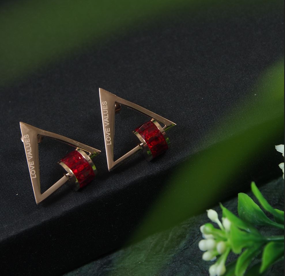 Tarohi Jewels Stainless Steel Rosegold Plated Triangle Shaped Red Coloured Ring Drop Earring-STNER 2878