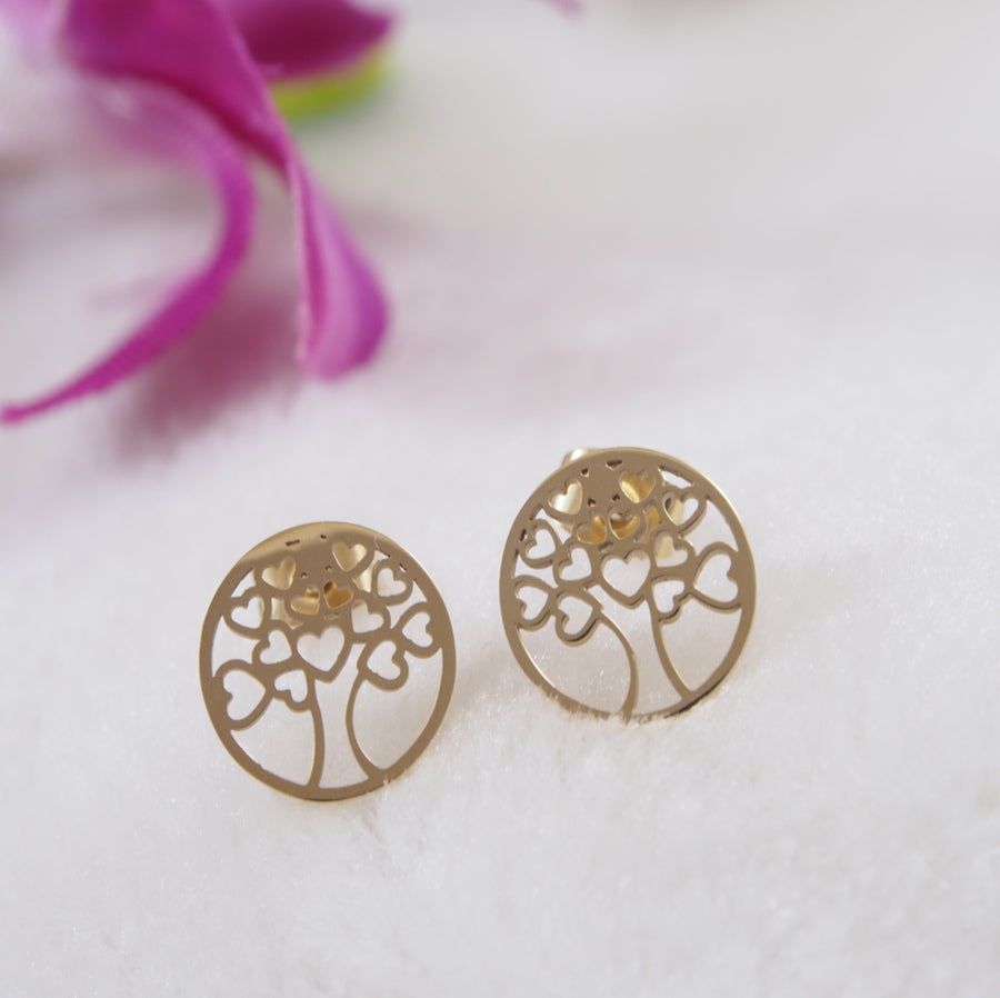 Tarohi JewelsStainless Steel Gold Plated Inlaid Tree Shaped Mini Hearts Stud Earring- STNER 3874