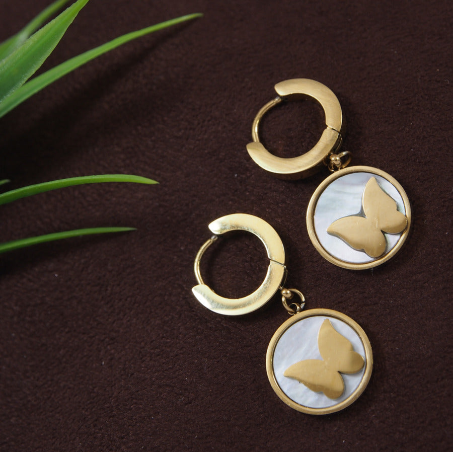 Tarohi JewelsStainless Steel Gold Plated White Shell Butterfly Designed Hoops Earring- STNER 3877