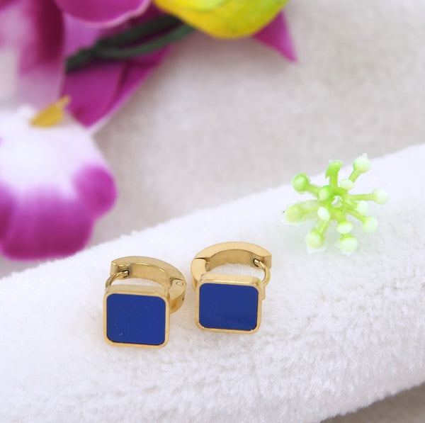 Tarohi Jewels Stainless Steel Gold Plated Square Shaped Blue Coloured Hoops Earring- STNER 4056