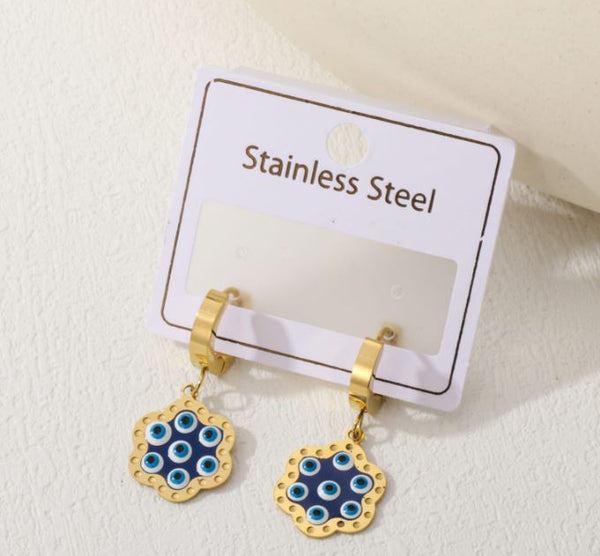 Tarohi JewelsStainless Steel Floral Shape Evil Eye Enamel Hoops Earring - STNER 5060