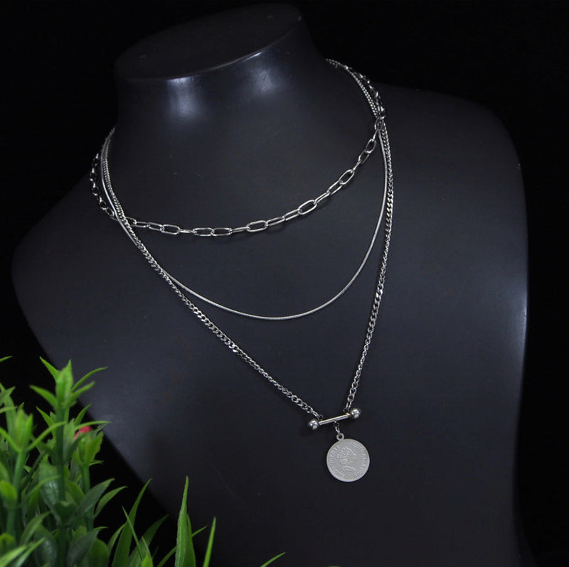 Stainless Steel Silver Plated Layered Coin Charm Necklace- STNK 3969