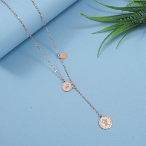 Tarohi Jewels Stainless Steel Rosegold Plated Tri Coin Necklace- STNK 3976