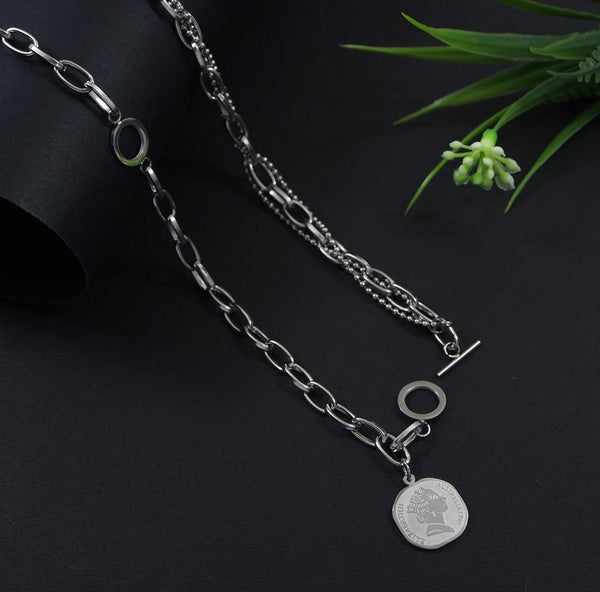 Tarohi Jewels Stainless Steel Silver Plated Thick Chain Double Layered Elizabeth Coin Necklace-STNK 4063