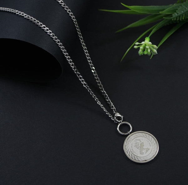 Stainless Steel Silver Plated Thick Chain Elizabeth Coin Pendant Necklace-STNK 4067