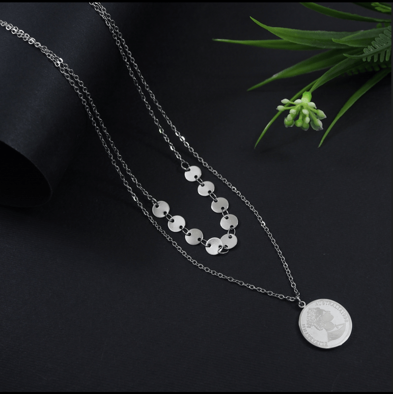 Tarohi Jewels Stainless Steel Silver Plated Double Layered Elizabeth Coin Pendant Necklace-STNK 4087