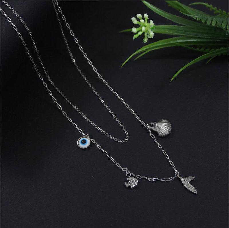 Tarohi Jewels Stainless Steel Silver Plated Layered Multi Pendant Chain Necklace- STNK 4106