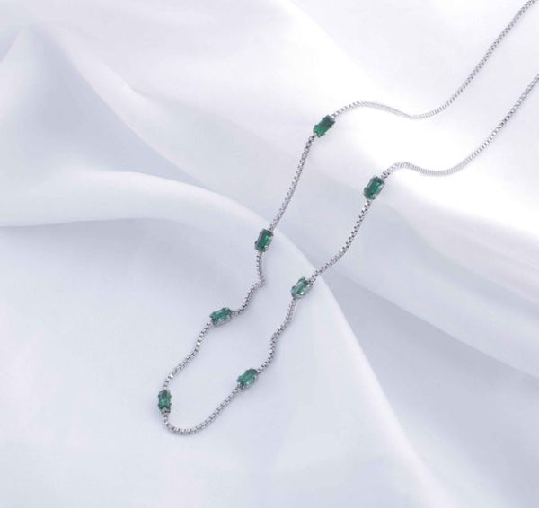 Stainless Steel Chain Link Green Emerald Necklace - STNK 5011