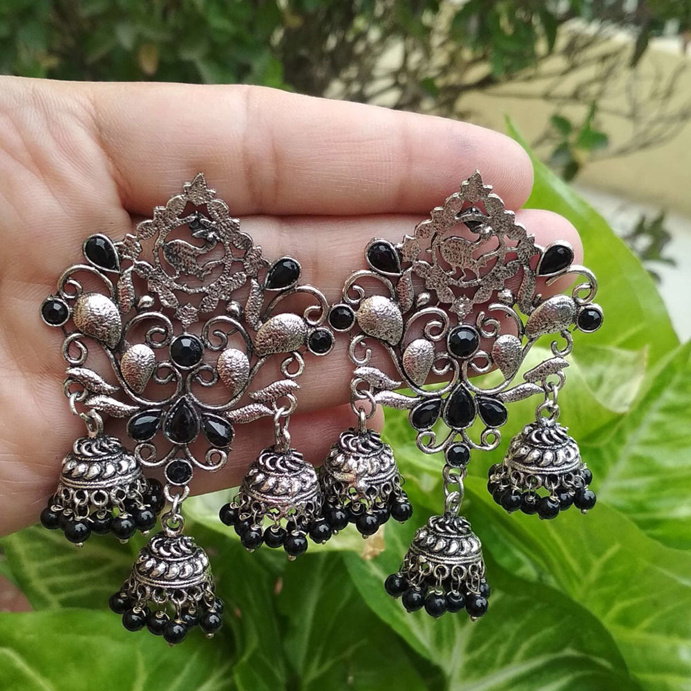 Bevy Pearls Oxidised Plated Crystal And Pearl Traditional Jhumki Earrings