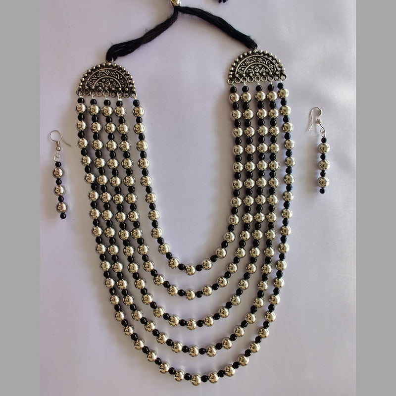 Bevy Pearls Oxidised Plated  Multi Layer Necklace