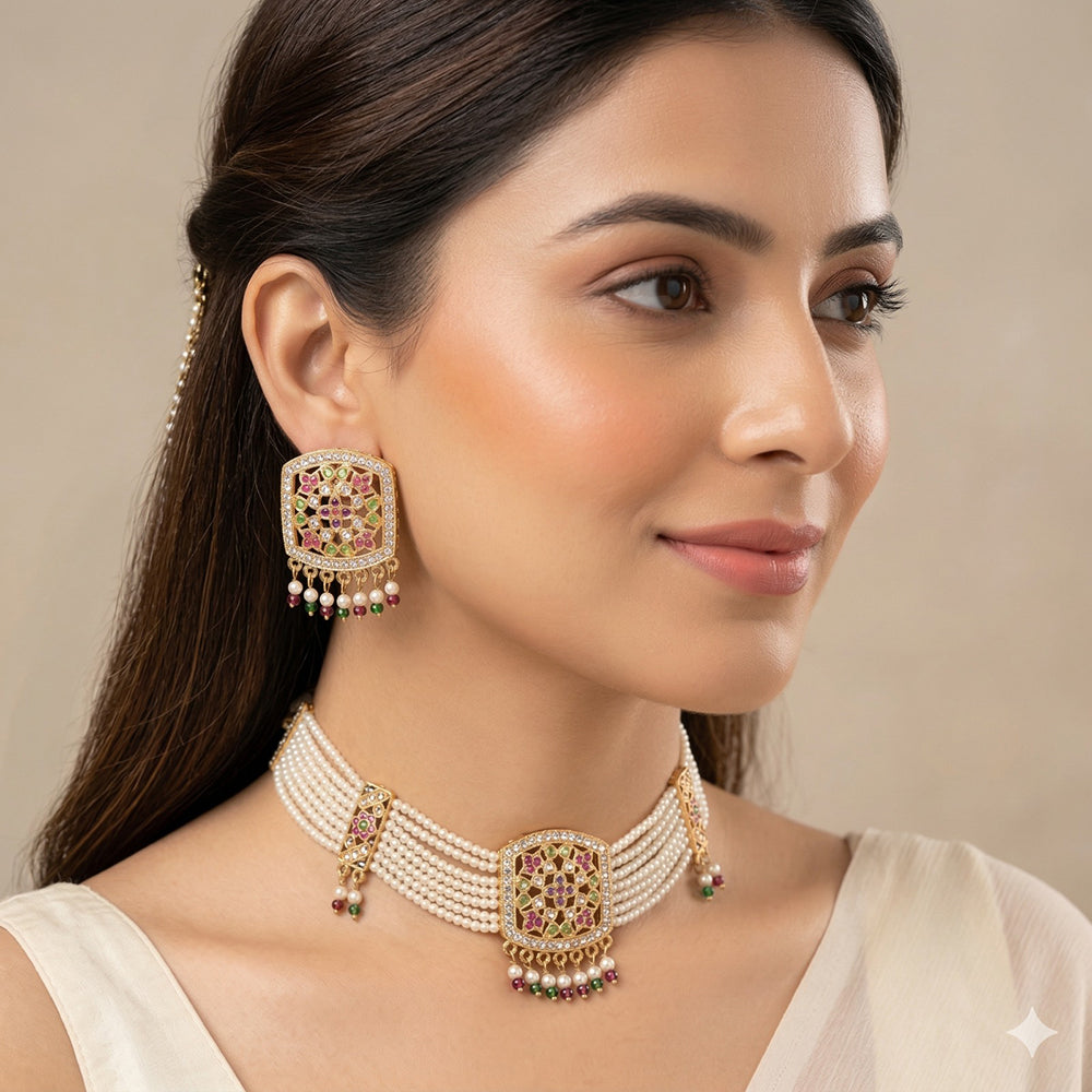 Bevy Pearls Classic Pota Stone And Beads Choker Necklace Set