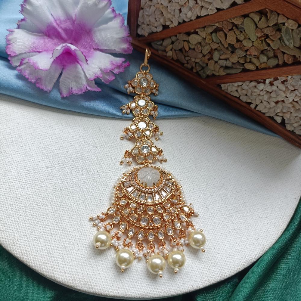 Arham Gold Plated Polki Kundan And Pearl Beads Maangtikka