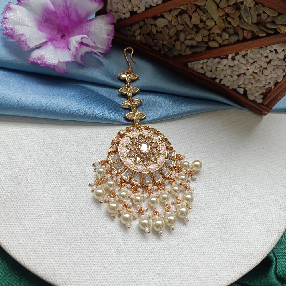 Arham Gold Plated Polki Kundan And Meenakari Pearl Beads Maangtikka