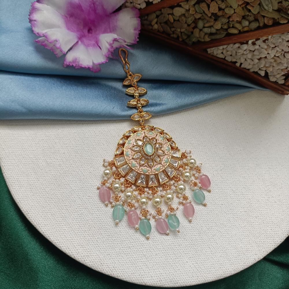 Arham Gold Plated Polki Kundan And Meenakari Pearl Beads Maangtikka