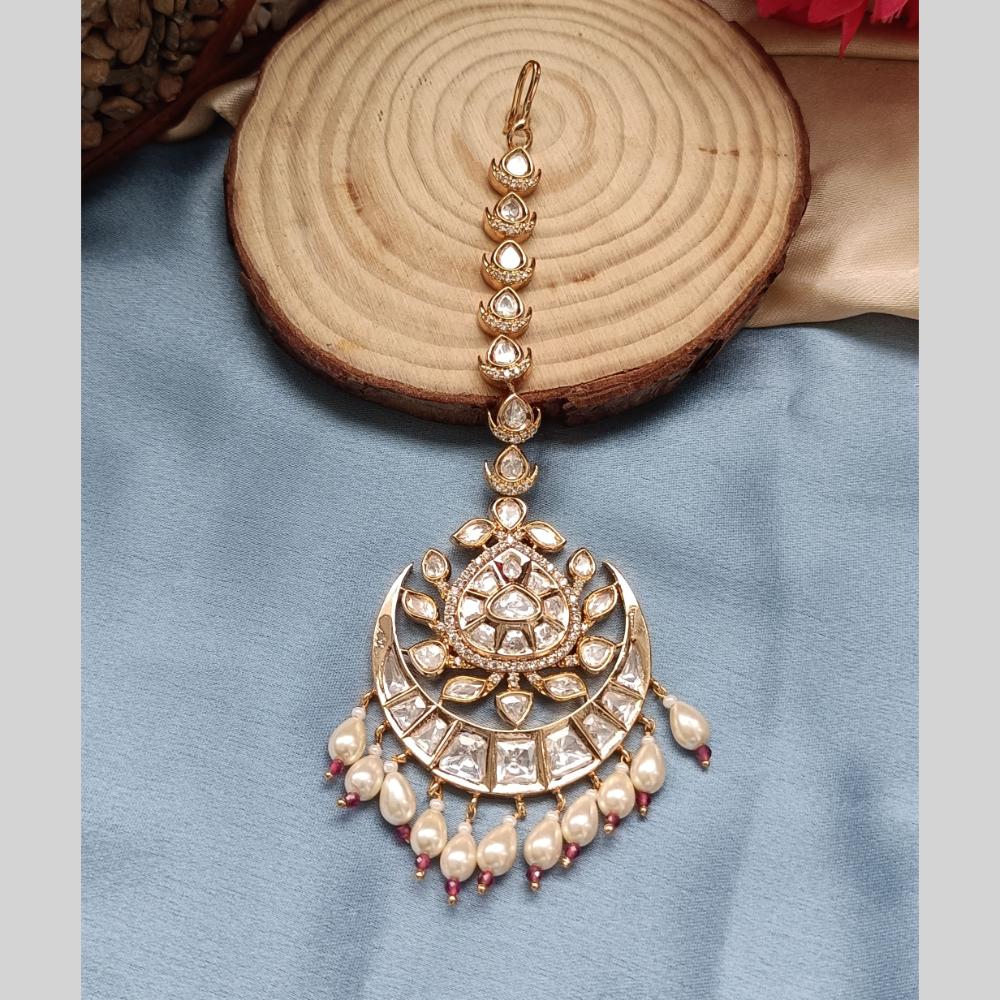 Arham Gold Plated Polki Kundan And Pearl Beads Maangtikka