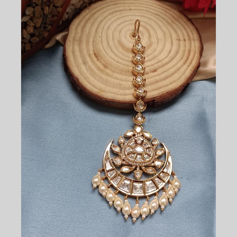 Arham Gold Plated Polki Kundan And Pearl Beads Maangtikka