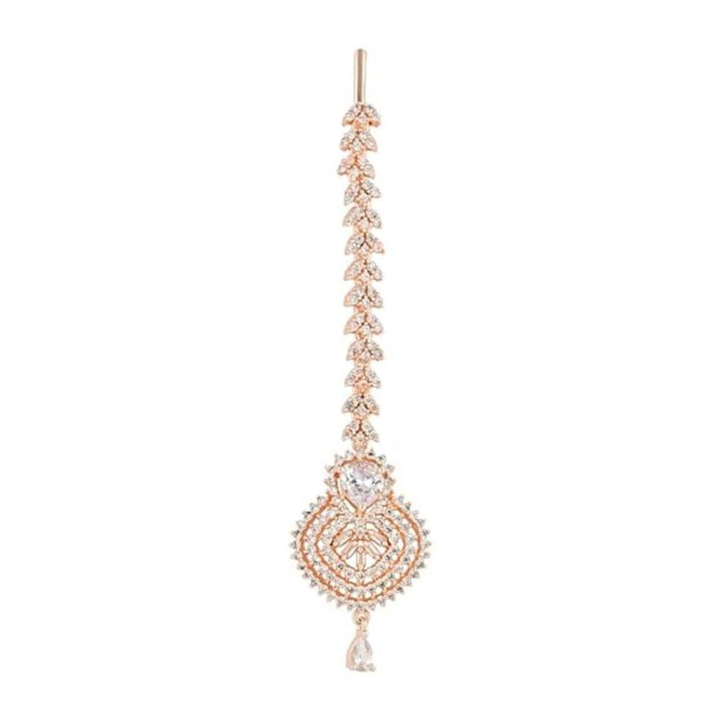 Etnico Rose Gold Plated Cubic Zirconia American Diamond Teardrop Maang Tikka For Women (T2171W)