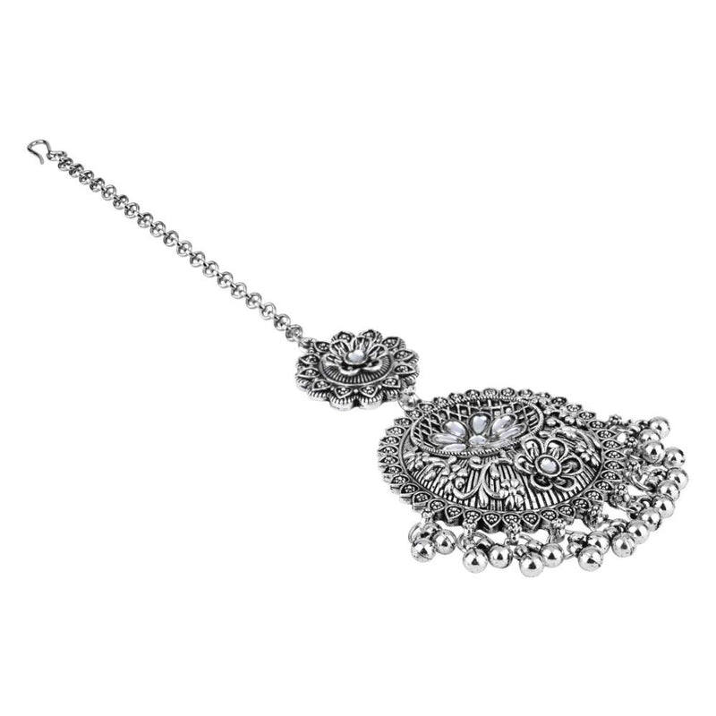 Etnico Silver Oxidised Ghungroo Maang Tikka For Women (T2183OX)